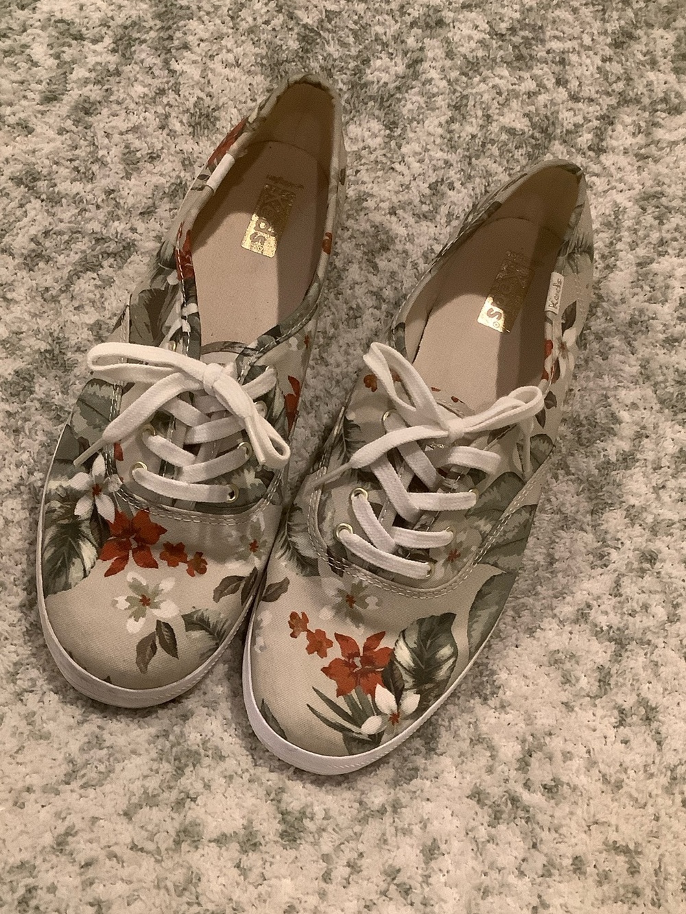 Keds Tropical Floral Canvas Lace-Up Sneakers Cream, Green Rust Resale Size 9